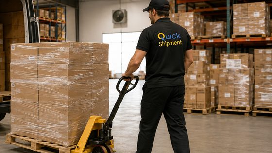 QuickShipment warehouse team moving a stretch-wrapped pallet of inbound stock with a pallet jack