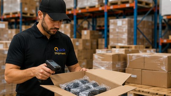 Warehouse operator scanning a carton of inbound units with a handheld barcode scanner