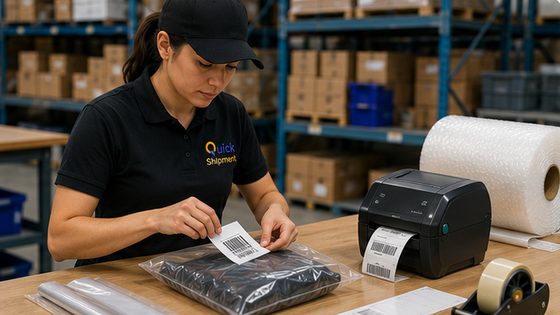 Prep technician applying an FNSKU barcode label to a poly-bagged unit beside a label printer