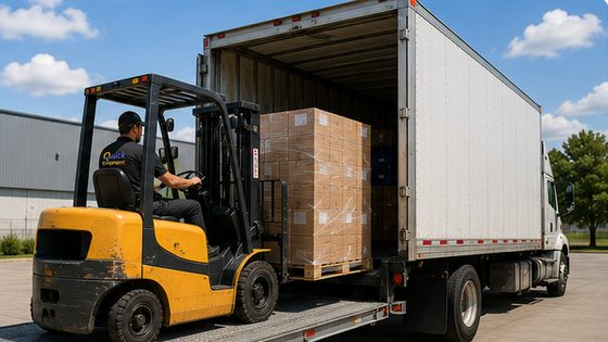 Forklift loading a stretch-wrapped pallet into an outbound truck at the Claymont, Delaware warehouse